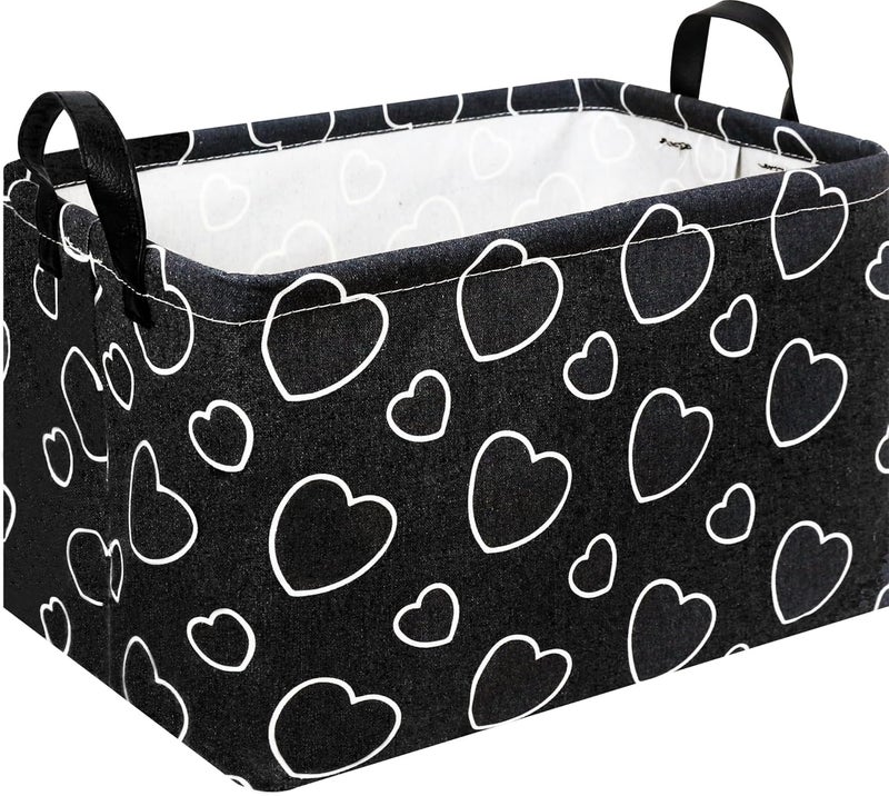 NTAOHAMPER Rectangular Black Storage Basket Empty,Collapsible Gift Basket with Handles,Heart Print Basket for Kids Toys/Books Box,Room Decor(Black Love) - Image 1